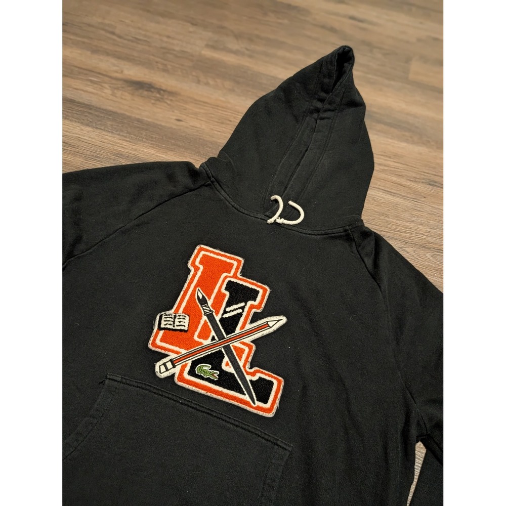 Lacoste LIVE Mens Black Varsity Chenille Patch Pullover Hoodie Size 6‎ XL